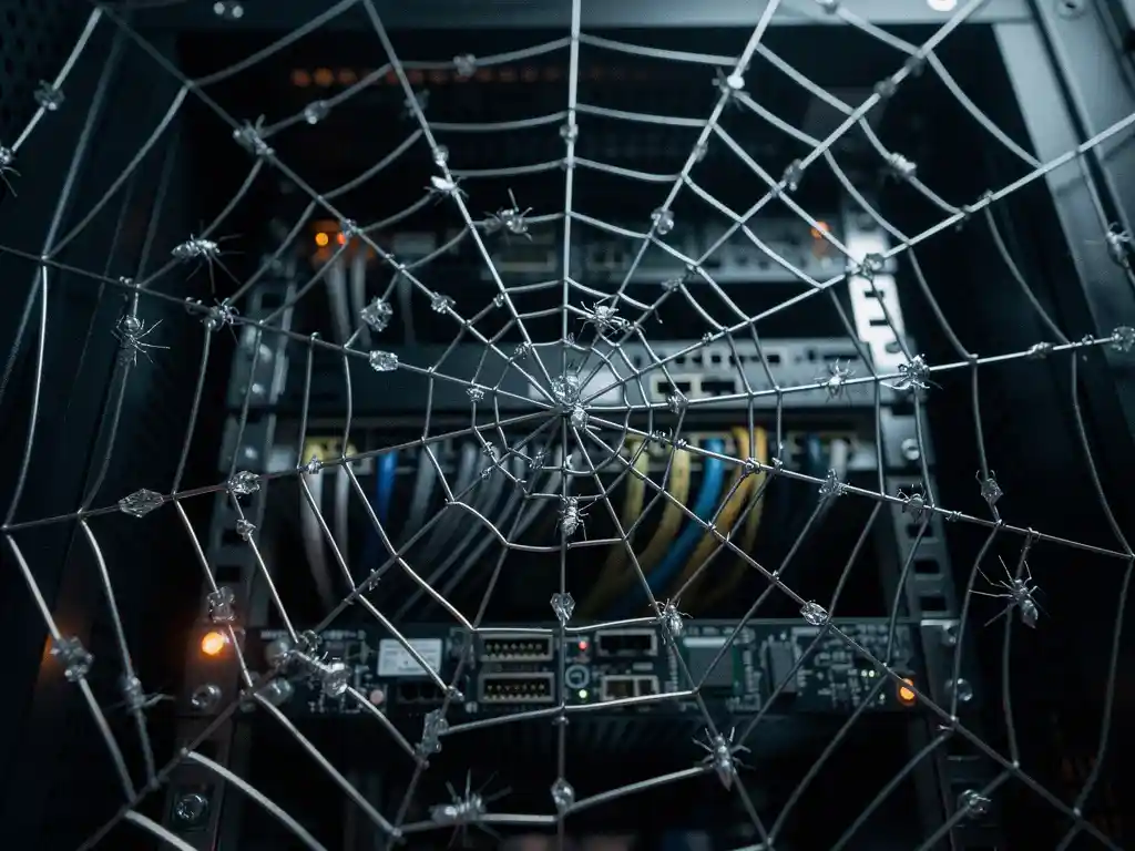 Metallic spider web stretched across a dark server rack, glowing strands trapping data fragments in cool blue and amber industrial light.