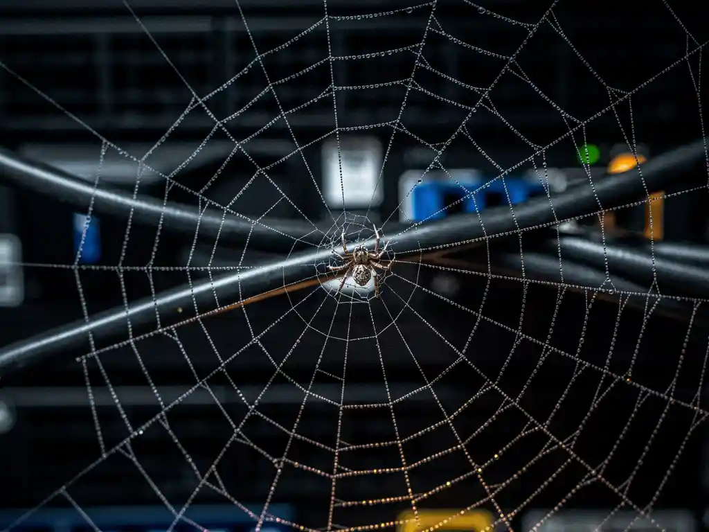 Spider web with dew drops stretched between server rack cables, small spider at center, macro shot with blurred data center background.