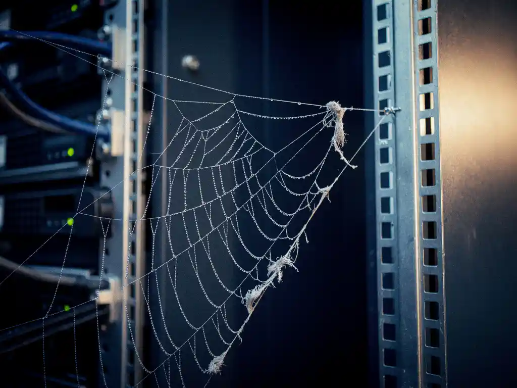 Spider's web with dew droplets stretched between server rack units in a dimly lit data center, one fraying strand caught in blue ambient light.
