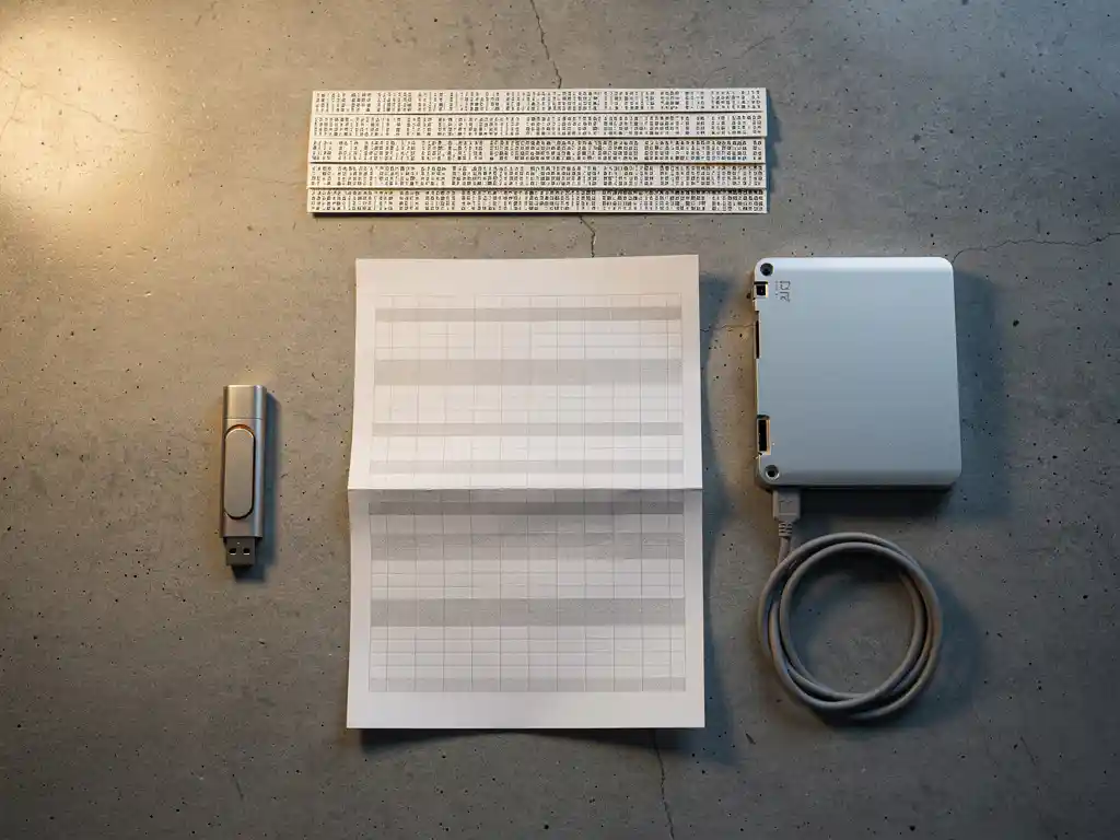 USB drive, spreadsheet printout, JSON paper strips, and hard drive arranged as a flat lay on a matte concrete surface.