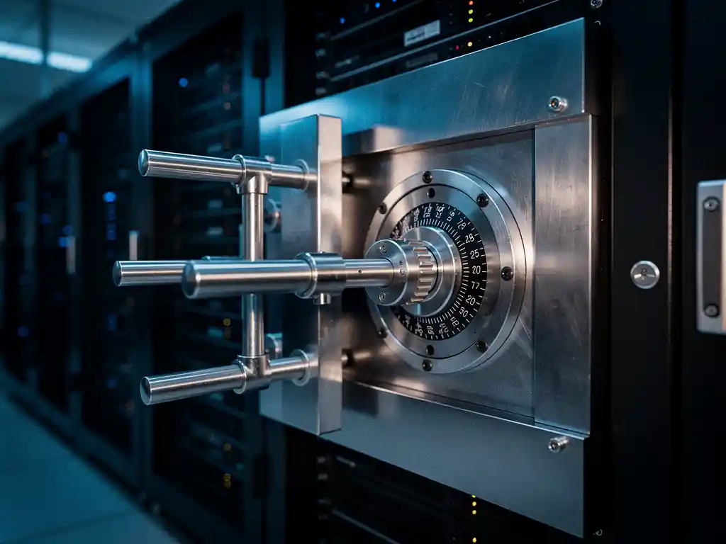 Iron vault door with combination lock integrated into a server rack, steel bolts extended, bathed in cool blue ambient light.