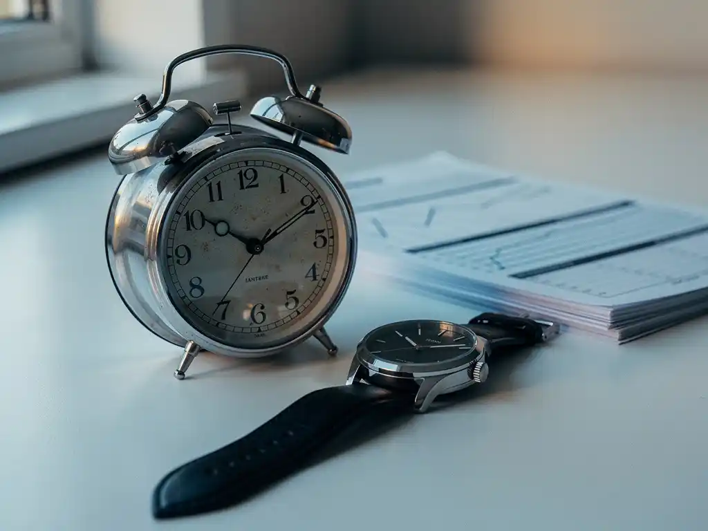 Vintage alarm clock beside a modern automatic wristwatch on a white desk with printed data sheets, soft natural light, slate blue and amber tones.