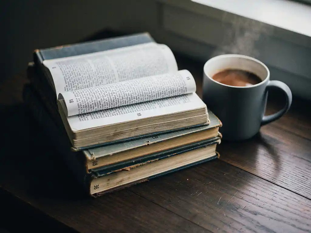 Worn stack of open books with dense text columns on a dark oak desk beside a steaming coffee mug, lit by natural window light.