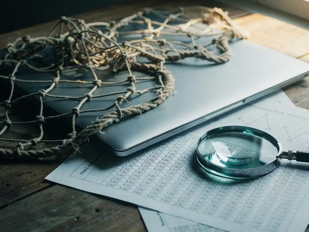 Vintage fishing net draped over a modern laptop on a weathered oak desk, tangled with data sheets and a magnifying lens nearby.