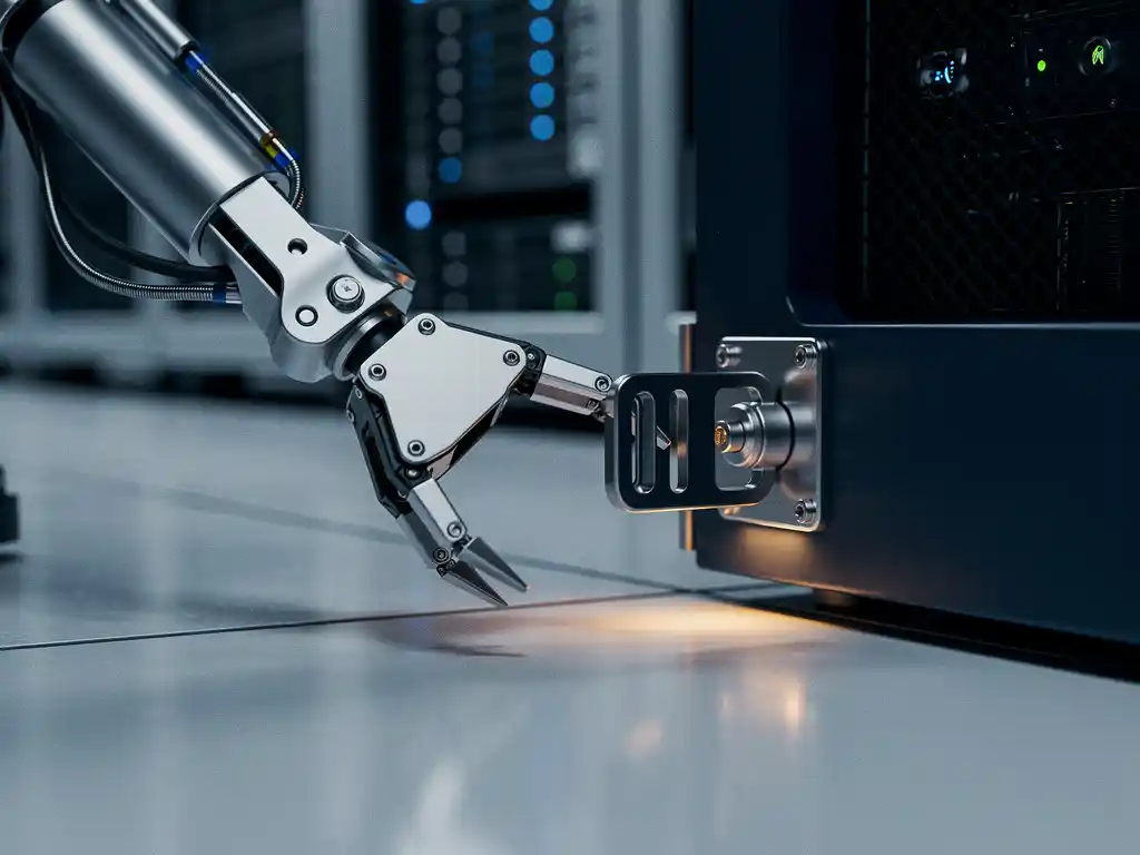 Robotic crawler arm blocked by a locked gate latch on a server room floor, bathed in cool blue light with warm amber accent.