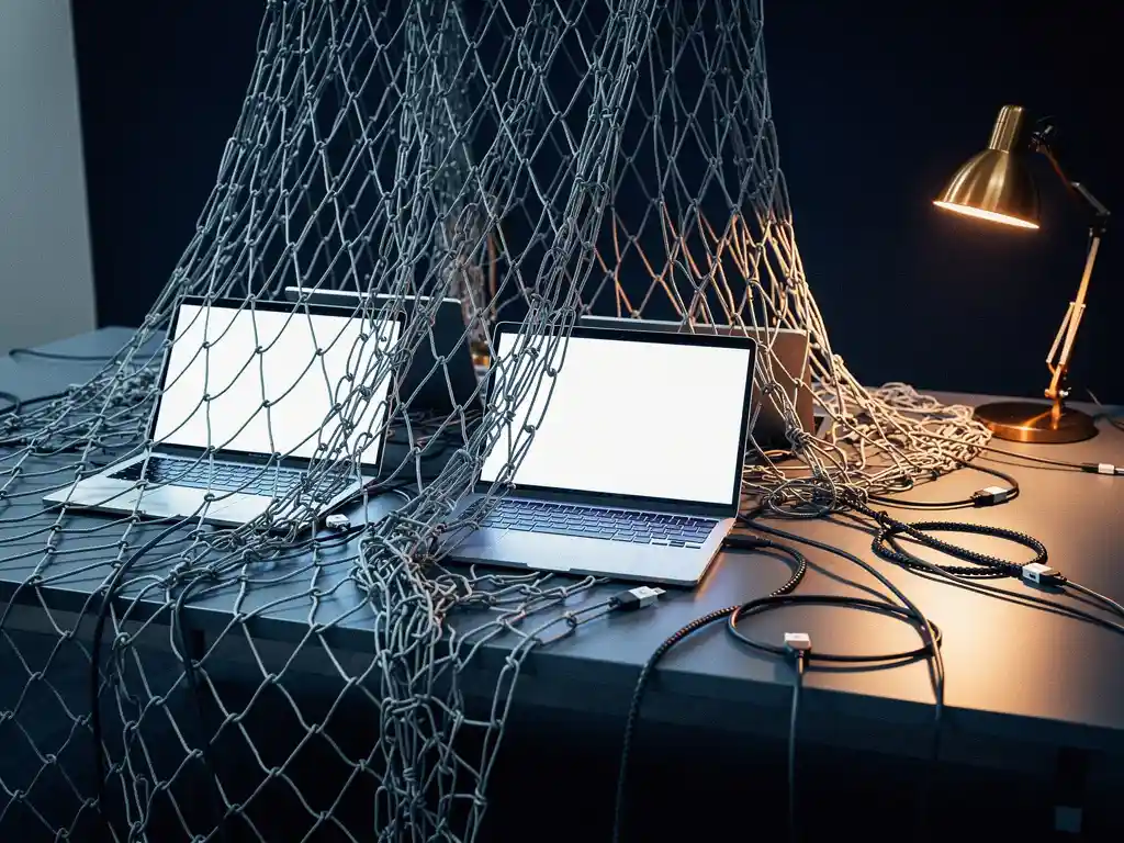 Steel fishing net draped over glowing laptops and USB cables on a modern desk, symbolizing web data capture.