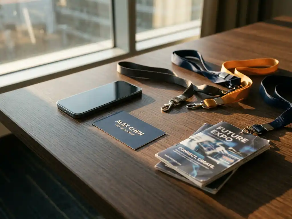 Business card and smartphone on a conference table surrounded by tech expo lanyards and brochures in warm afternoon light.