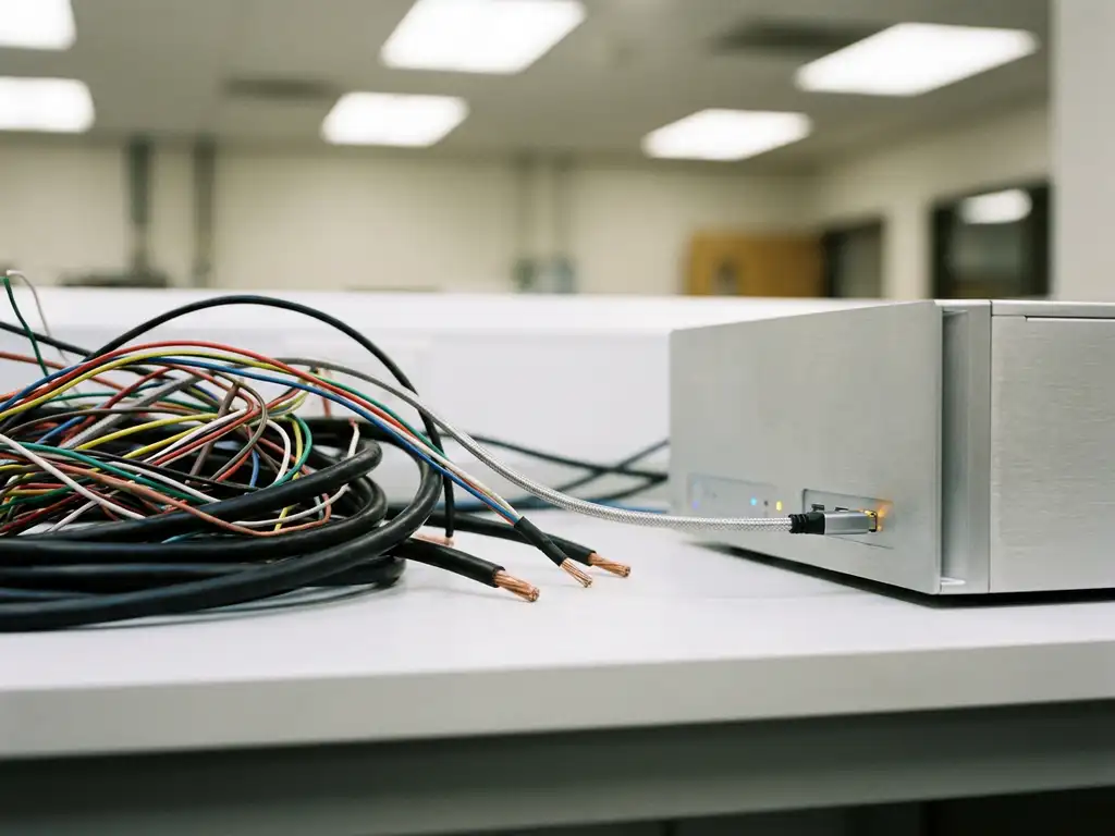 Tangled raw cables on a white lab desk converging into a single organized data cable plugged into a sleek silver server unit.