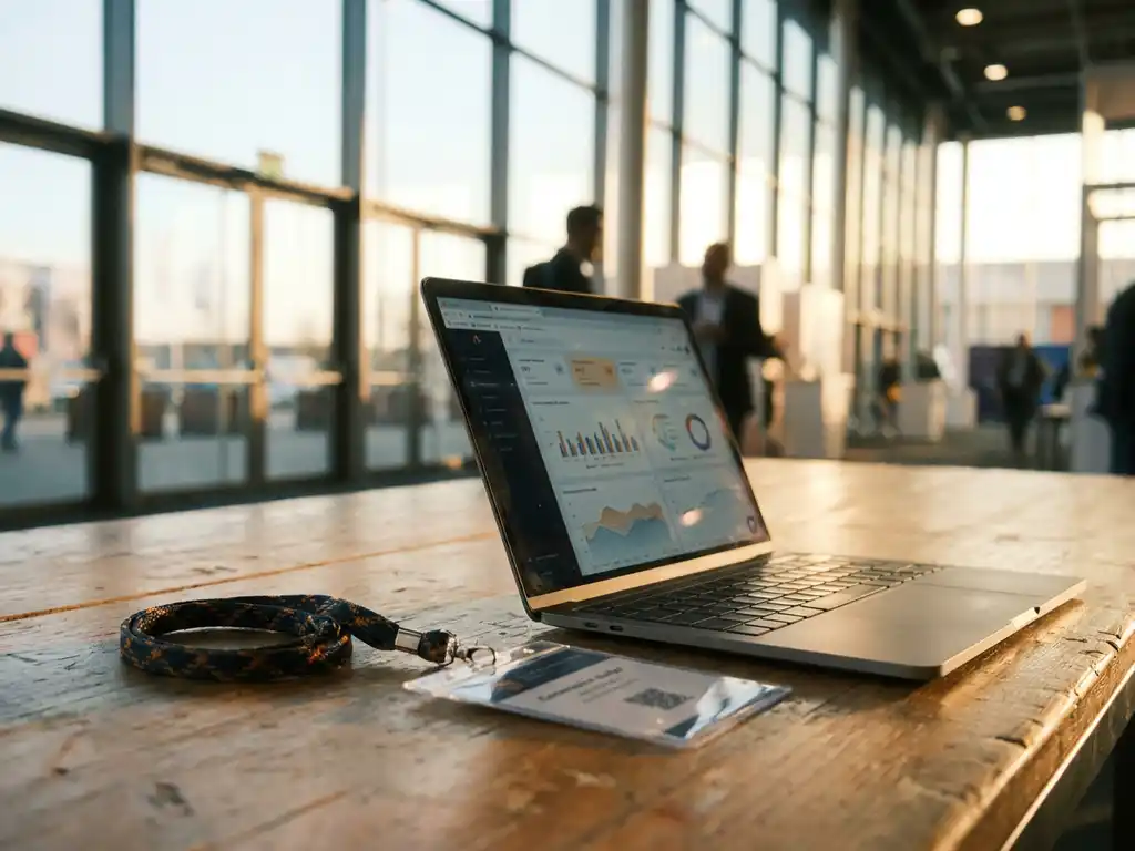 Conference badge on a lanyard beside a glowing laptop showing data dashboards in a sunlit Dutch exhibition hall with floor-to-ceiling windows.