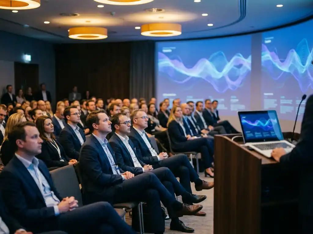 Conference hall filled with professionals watching a glowing blue projection screen, speaker's podium with open laptop displaying data visualizations.