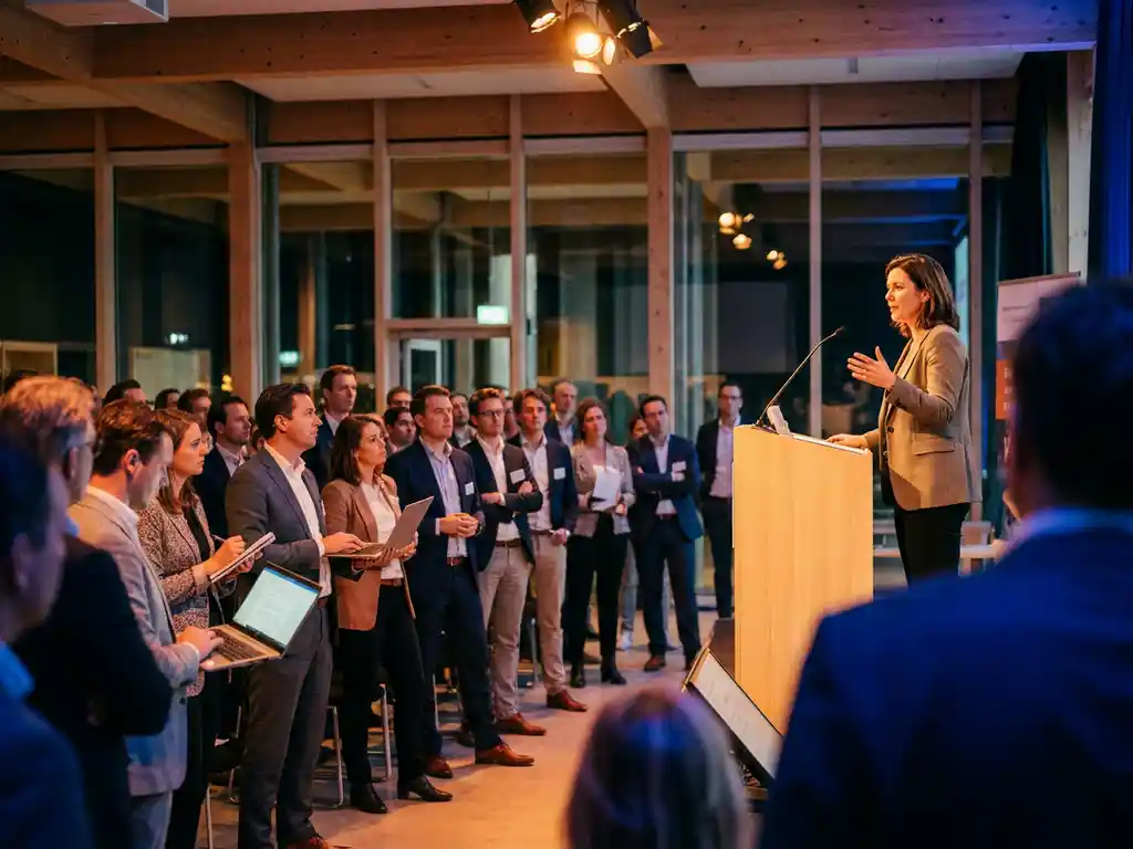 Confident speaker at a modern Dutch conference podium addressing seated professionals under warm amber stage spotlights.