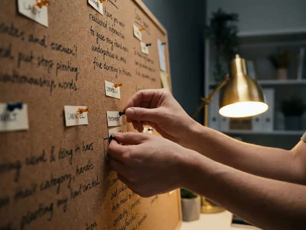 Hands pinning labeled tags onto a cork board covered in handwritten text, highlighted with colored pins under warm golden lamp light.