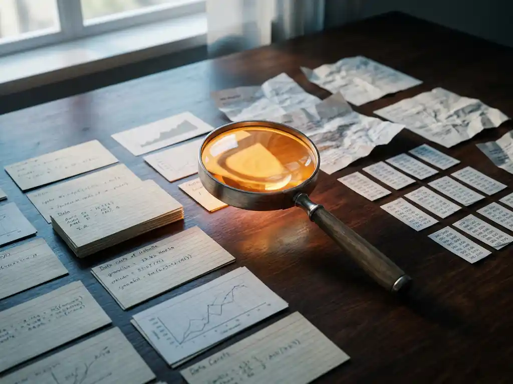 Amber magnifying glass hovering over structured data cards on a modern desk, scattered documents organizing into clean rows beneath the lens.