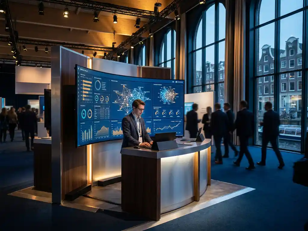 Data analyst at a modern expo booth with glowing data visualization screens, Utrecht canal architecture visible through glass windows.