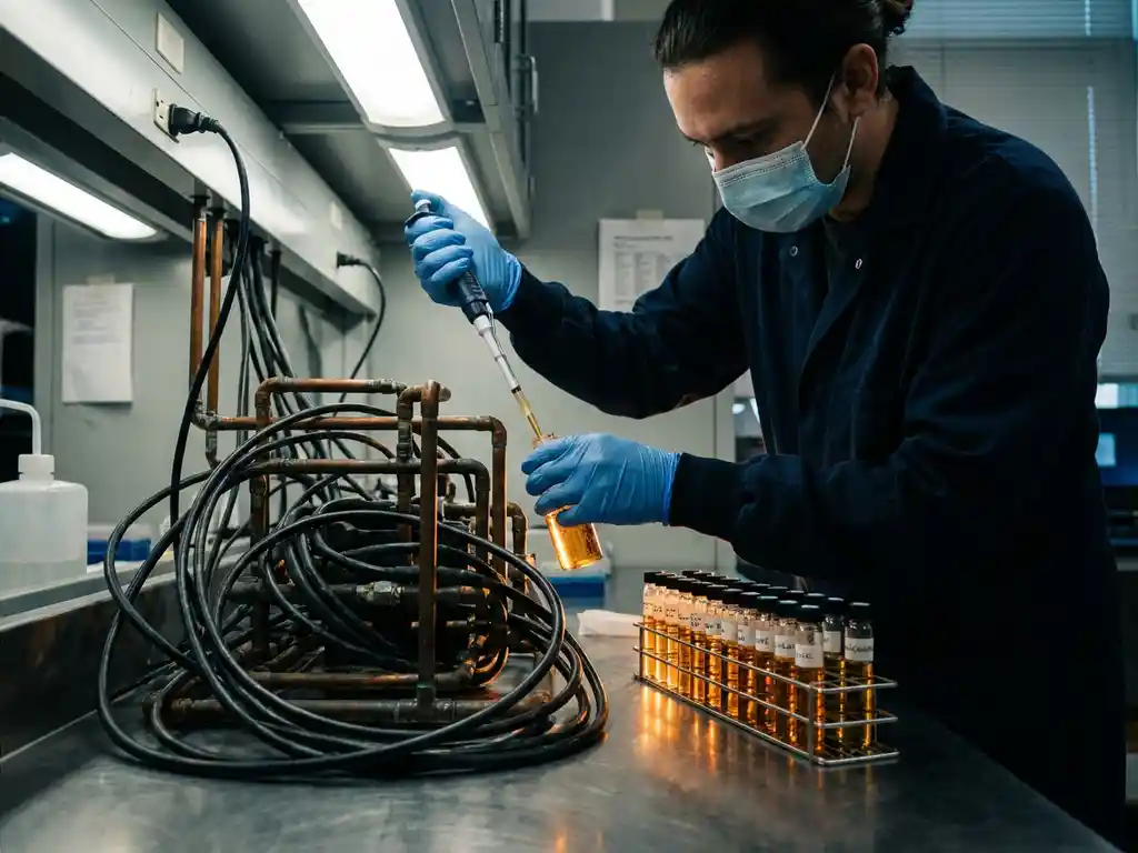 Gloved lab technician extracting glowing amber liquid from copper pipes and data cables, glass vials of luminous fluid arranged nearby on steel workbench.