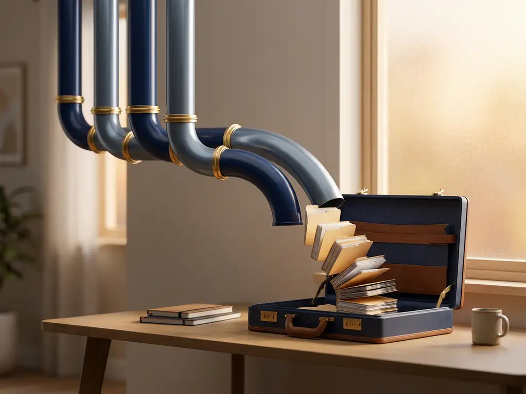 Metal tubes funneling sorted documents into a briefcase on a desk, visualizing a structured data pipeline in navy, steel grey, and gold tones.