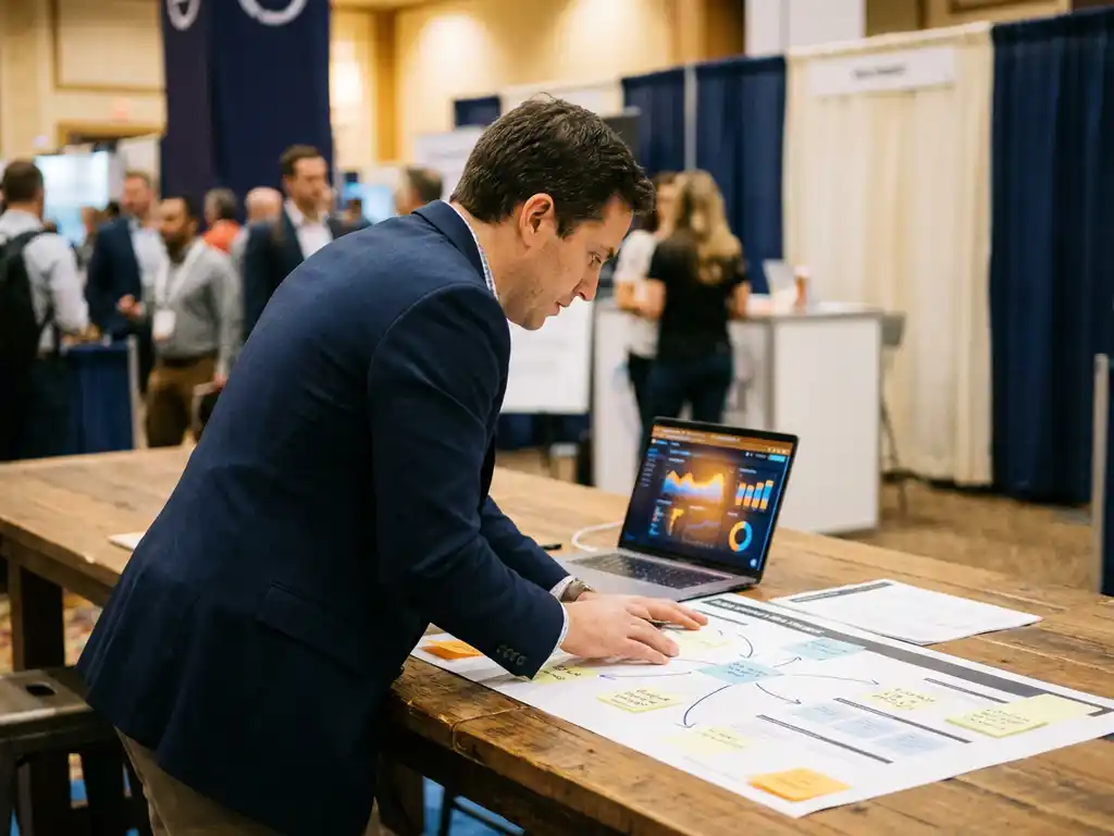 Data strategist reviewing printed data flow diagrams and sticky notes on a conference table, with an analytics dashboard open on a nearby laptop.