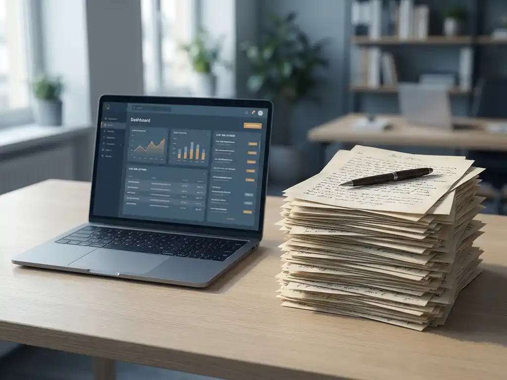 Laptop showing a job listings dashboard beside a tall stack of handwritten paper forms on a modern desk, pen resting on top.