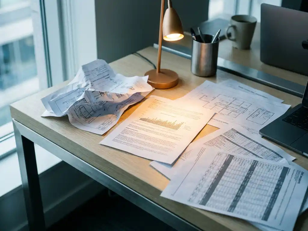 Highlighted document among scattered data sheets on a modern desk, illuminated by warm amber light against cool steel-blue tones.