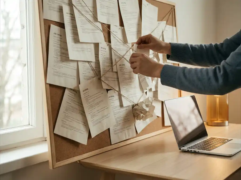 Hands removing duplicate international job listing papers from a corkboard, with an open laptop on a modern desk nearby.