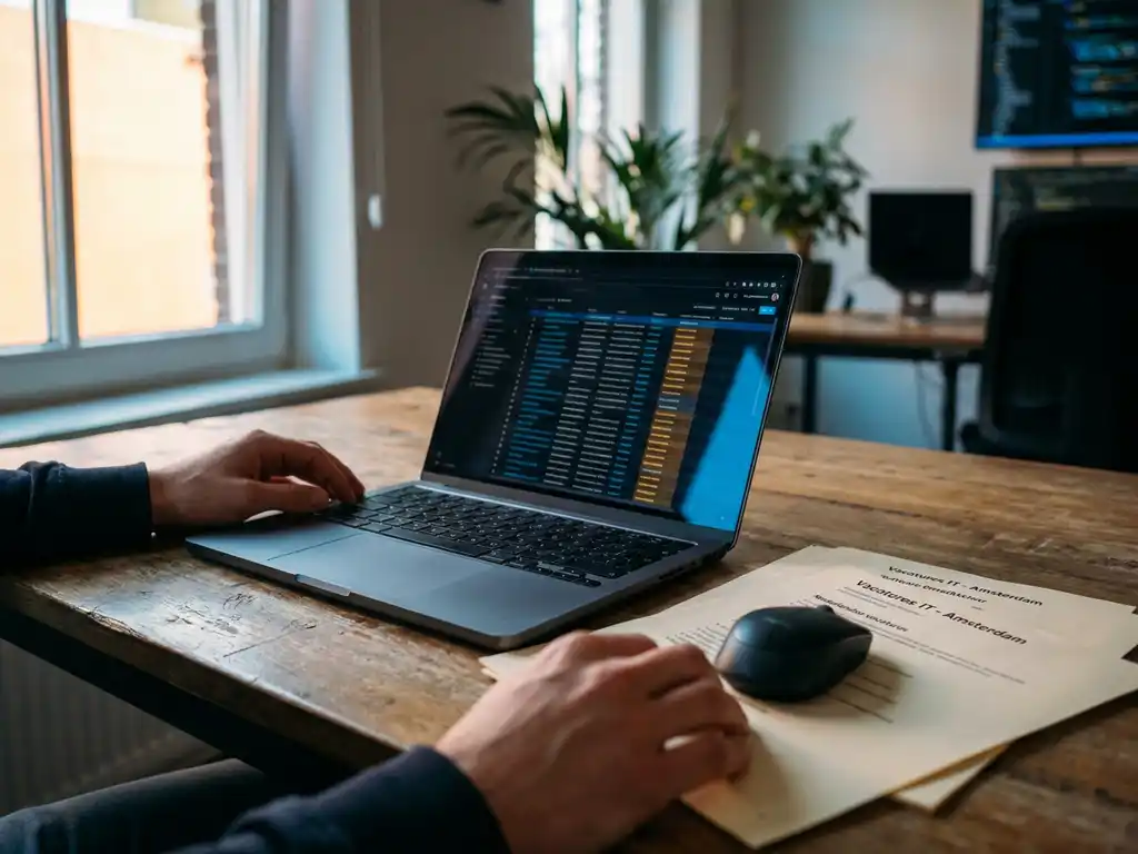 Developer's hands near a laptop showing structured data rows, with printed Dutch job listings beside a wireless mouse on a studio desk.