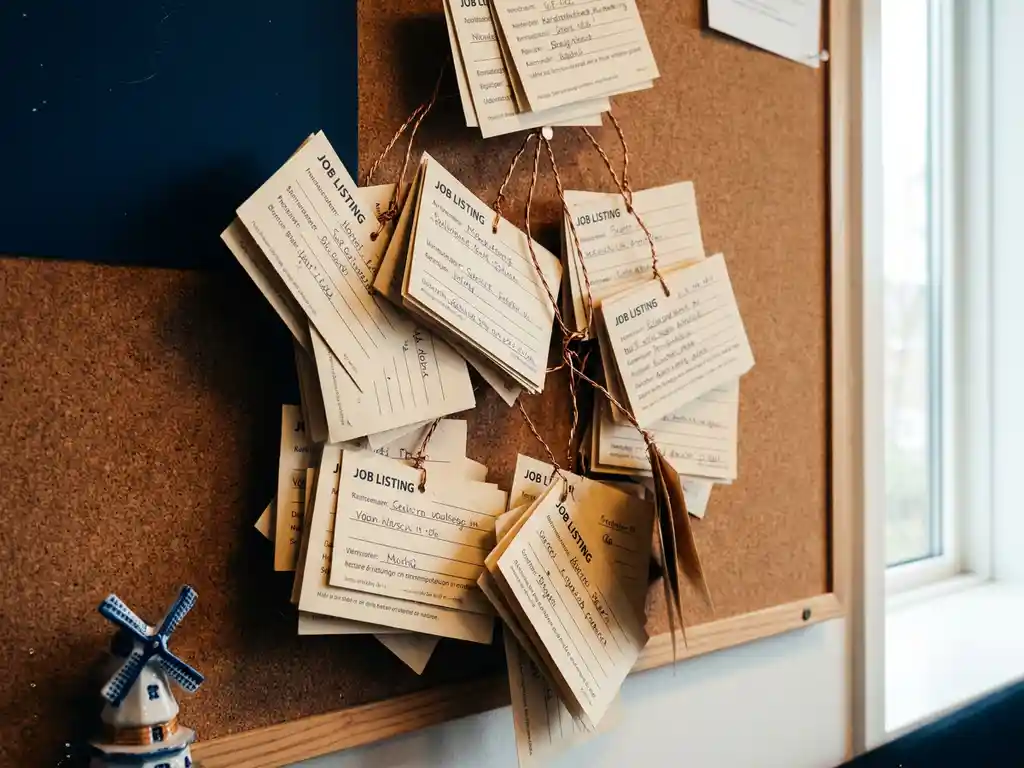 Job listing cards connected by copper wire on a cork board in a Dutch office, with a miniature windmill figurine and warm amber light.