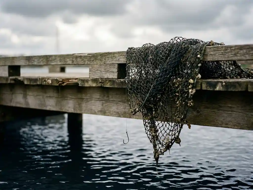 Tangled fishing net draped over a weathered wooden dock beside a single hook dangling above dark water, contrasting broad collection with targeted precision.
