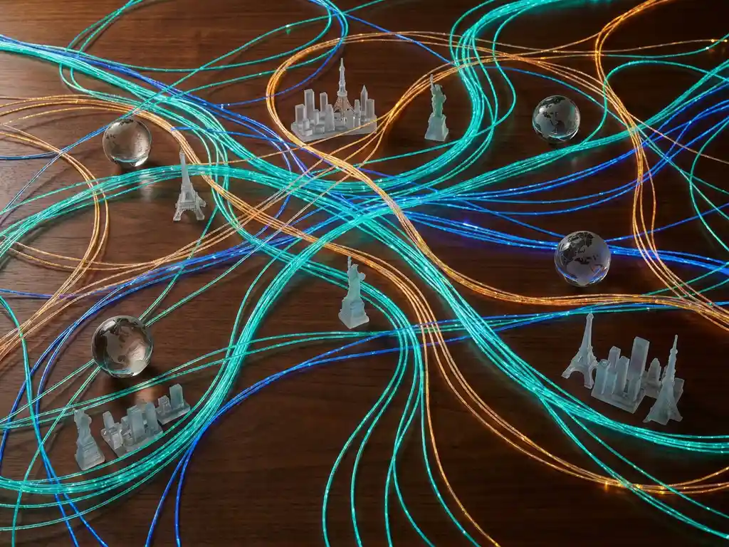 Glowing fiber-optic threads connecting miniature globe landmarks across a dark surface, representing global job market data networks in teal and amber tones.