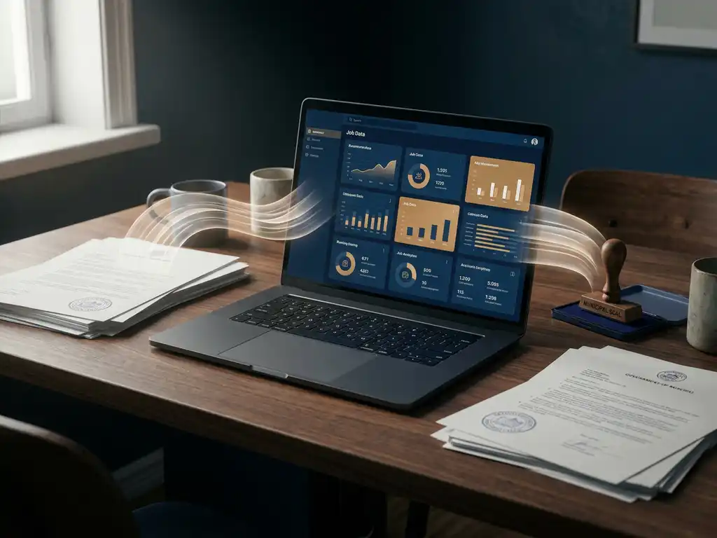Laptop displaying structured job listing data grid surrounded by printed government documents and a municipal seal stamp on a modern desk.