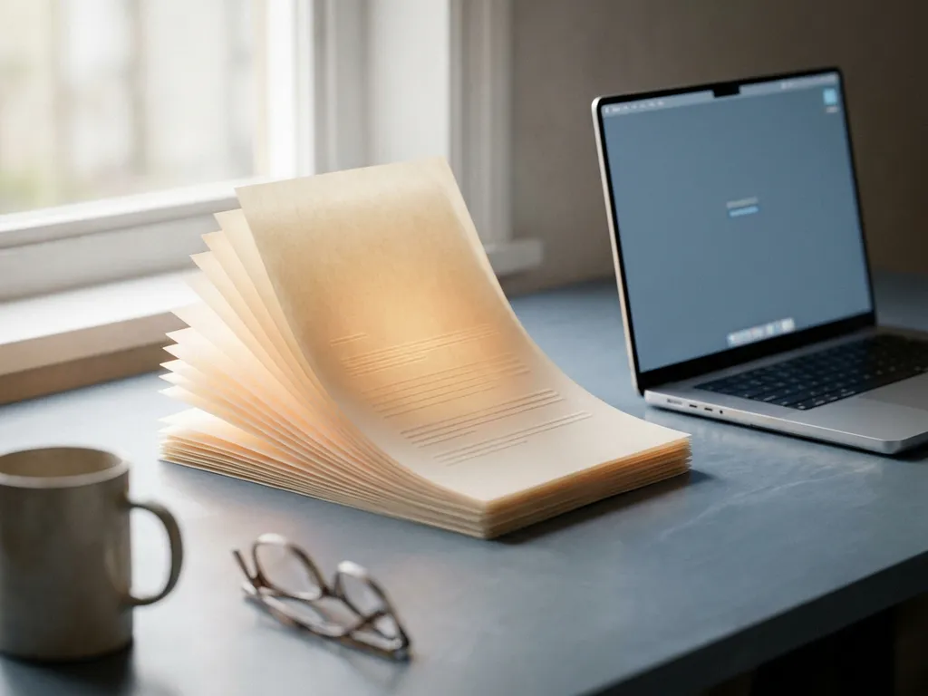 Glowing stack of indexed documents condensed into a single sheet on a modern desk, laptop nearby, in cool blue and warm ivory tones.