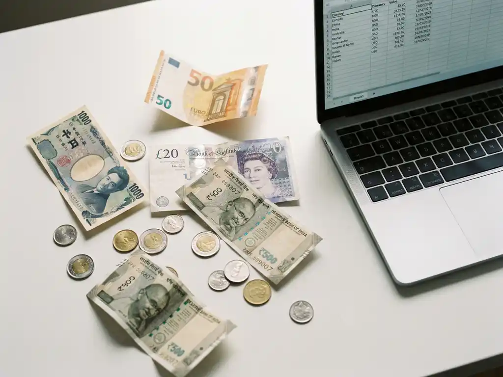 International banknotes and coins from multiple countries spread on a white desk beside an open laptop displaying a currency data spreadsheet.