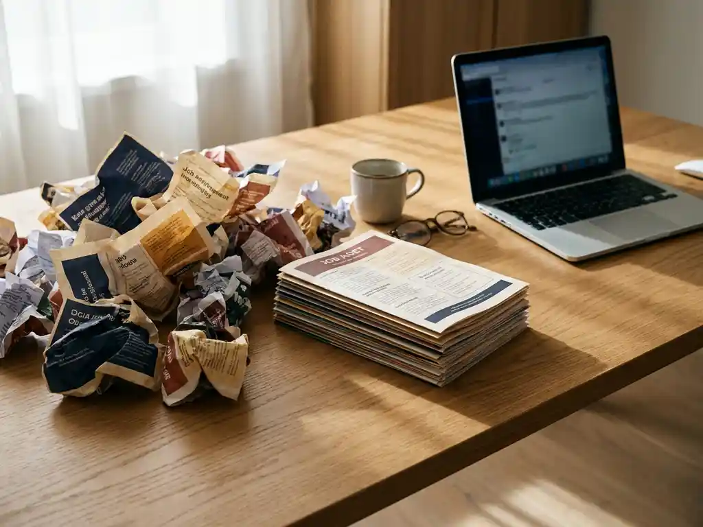 Colorful international job listings scattered across an oak desk merging into a neat stack, with an open laptop nearby.
