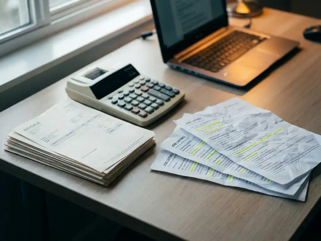 Stack of invoices and calculator on a modern desk beside highlighted job listing sheets, with a softly glowing laptop in the background.