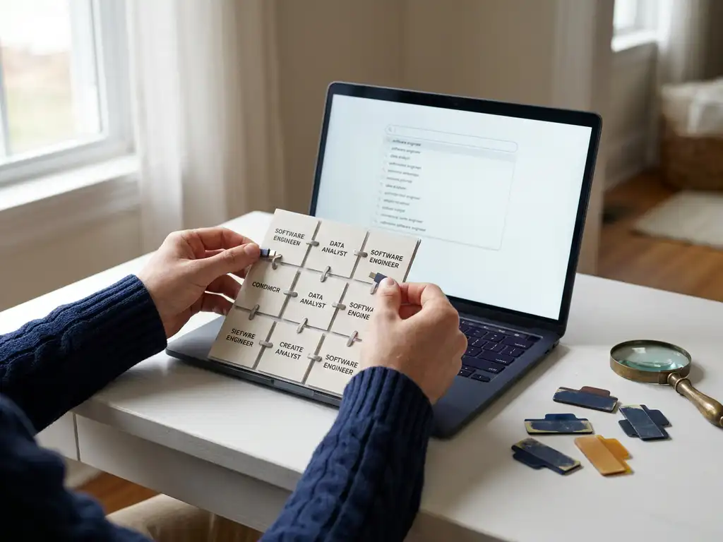 Developer arranging printed job listing cards connected to a laptop displaying search results, with index tabs and magnifying glass on a white desk.