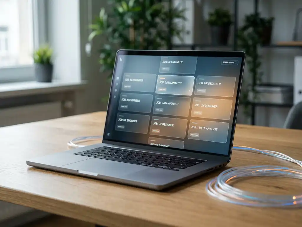 Laptop on a minimalist desk displaying a live job listing dashboard, with fiber-optic cables nearby in cool steel-blue and warm amber office lighting.