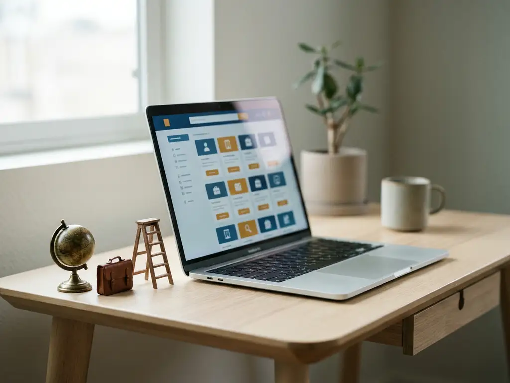Laptop displaying a job listings interface on a minimalist desk, with globe, briefcase, and career ladder figurines in soft natural light.