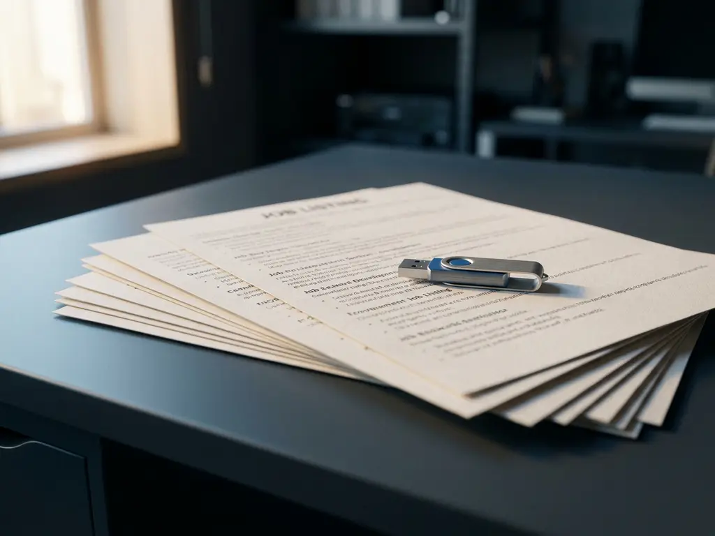 Printed job listings fanned on a dark desk with a USB drive resting on top, lit by soft directional light.