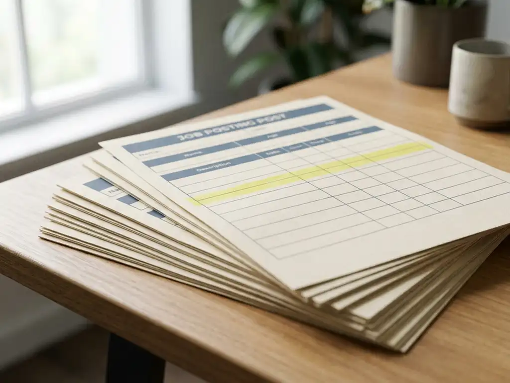 Stack of uniform job posting documents fanned out on a modern desk, top sheet highlighted, in cool slate blue and white tones.