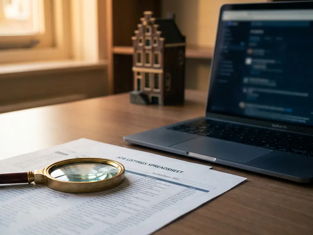 Magnifying glass on a printed job listing spreadsheet with a Dutch canal house miniature and laptop on a modern desk.