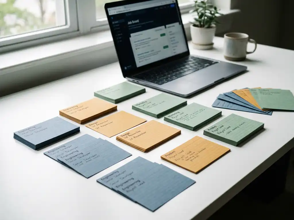 Color-coded index cards organized in labeled stacks on a white desk for job vacancy tracking, with a laptop open in the background.