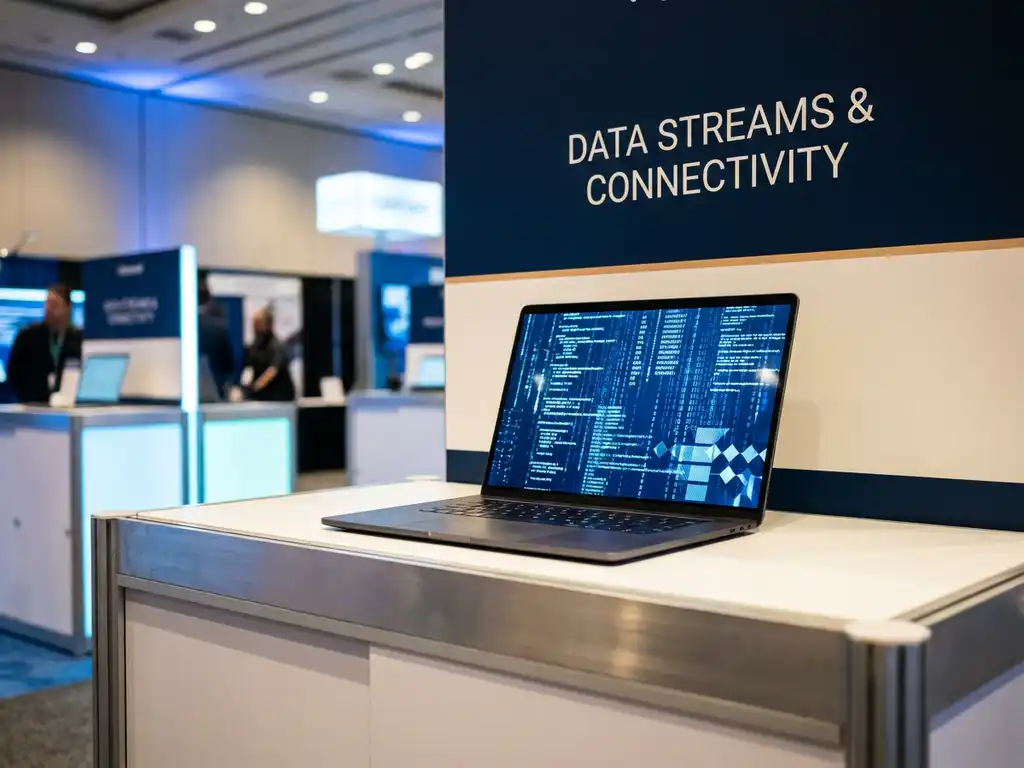 Laptop displaying cascading structured data streams on an exhibition booth table at a tech conference, lit by cool ambient expo hall lighting.