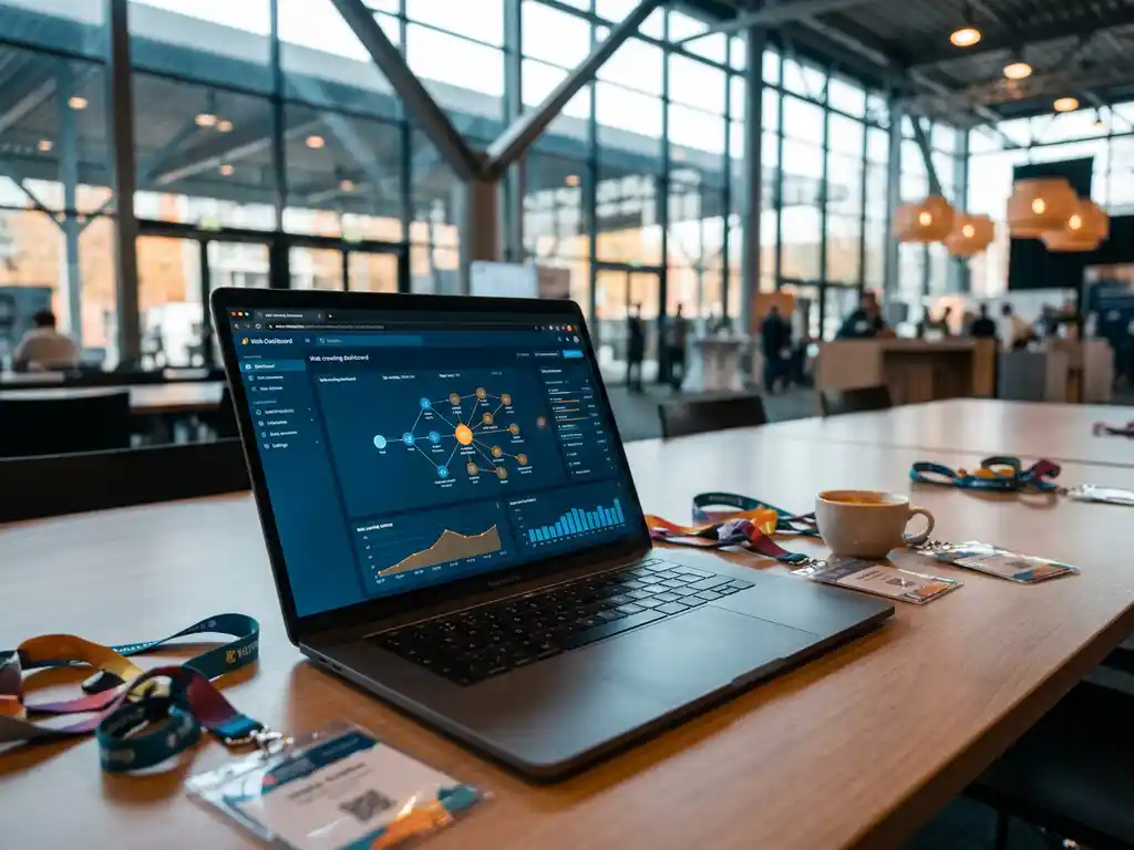 Laptop displaying a web crawling dashboard on a conference table with event lanyards and coffee cup, Dutch expo hall softly blurred behind.
