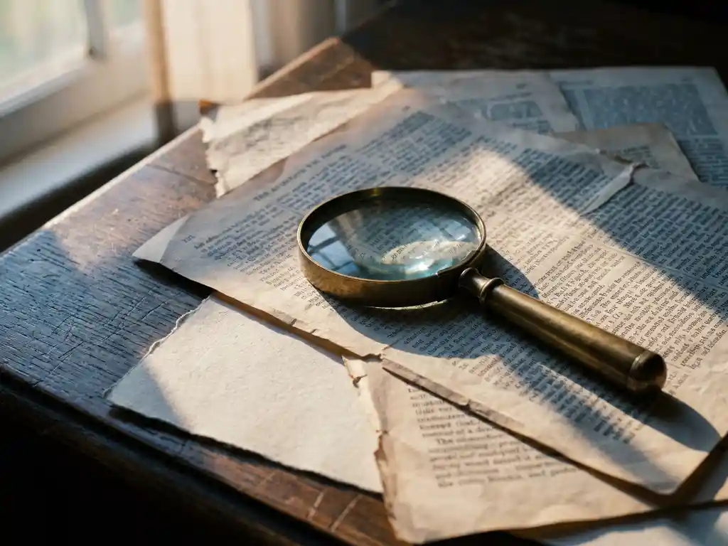 Magnifying glass resting on tangled printed papers across a dark oak desk, one page partially torn, lit with cool blue and warm amber tones.