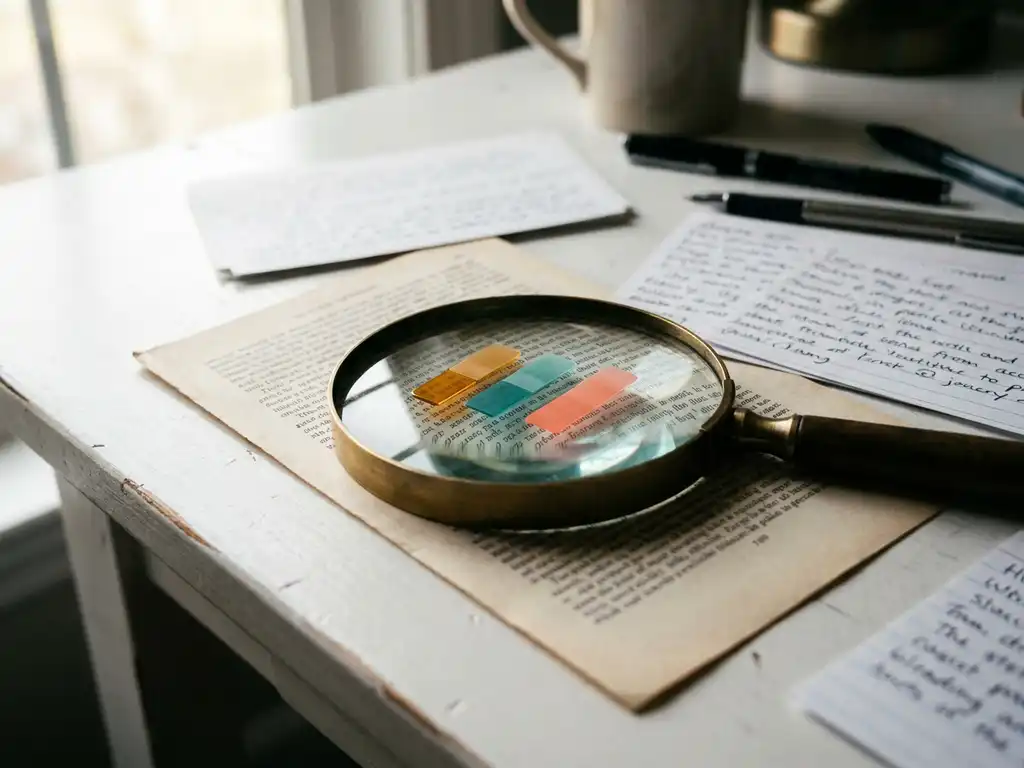 Magnifying glass on a dense printed page with amber, teal, and coral sticky tabs marking key words, handwritten index cards nearby.