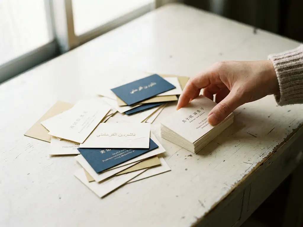 Hand organizing a scattered pile of multilingual business cards in Japanese, Arabic, French, and English into a neat stack on a white desk.