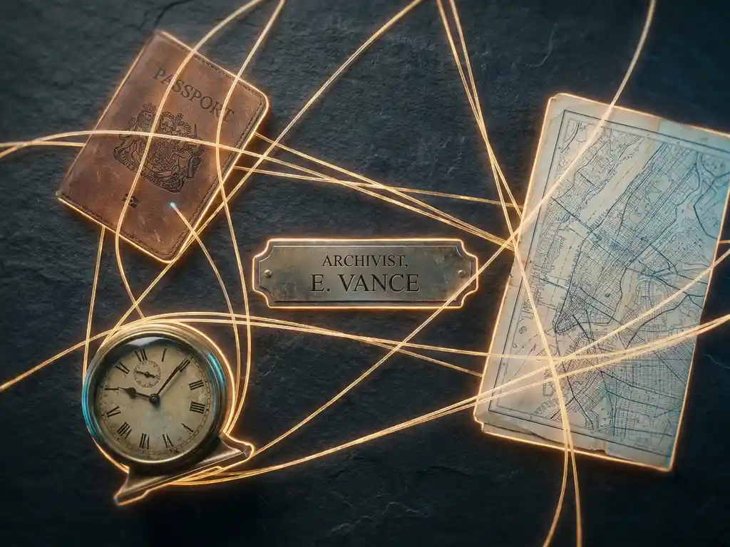 Glowing amber strings connecting a passport, clock, city map, and nameplate on a dark slate desk, symbolizing identity data collection.