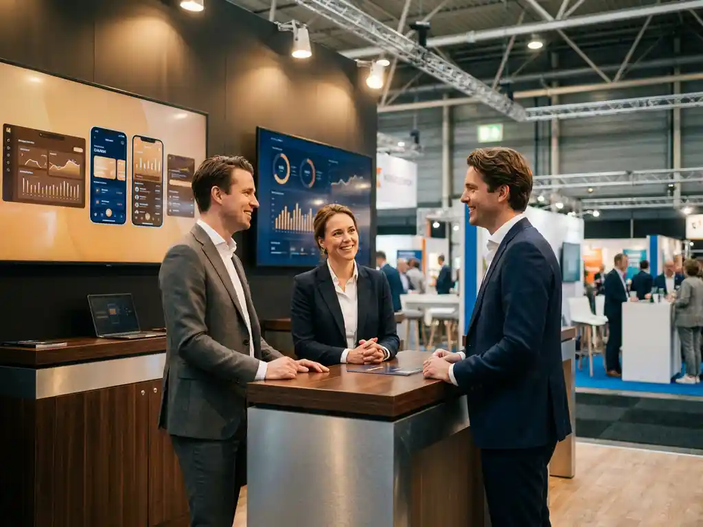 Three professionals at an exhibition booth with data dashboards and search interface screens in a modern Dutch convention hall.