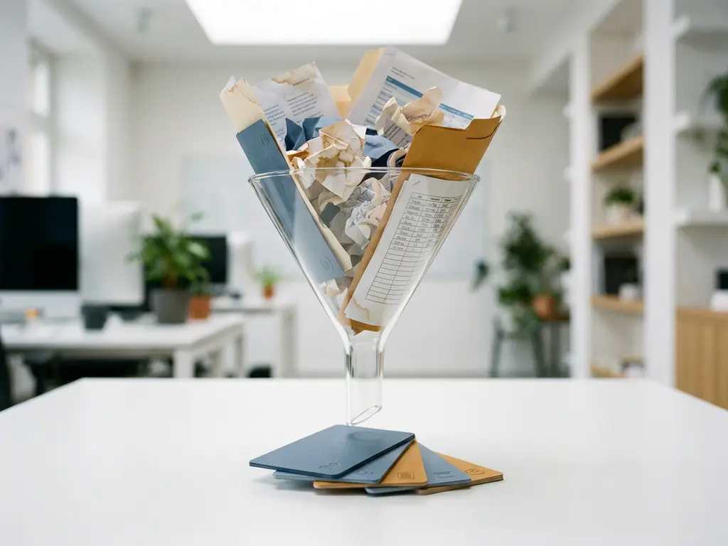 Cluttered documents and spreadsheets funneled through a glass funnel on a white desk, emerging as clean structured data cards.
