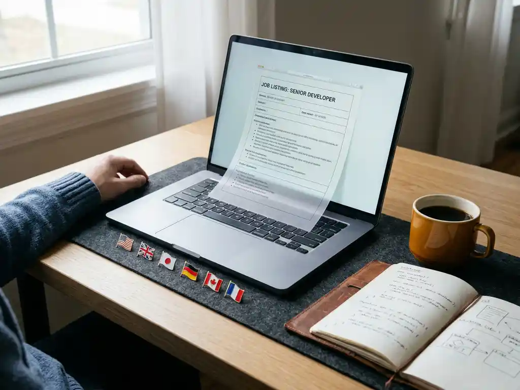 Structured job listing document on a laptop at a developer's desk, surrounded by international flag pins, coffee cup, and open notebook.