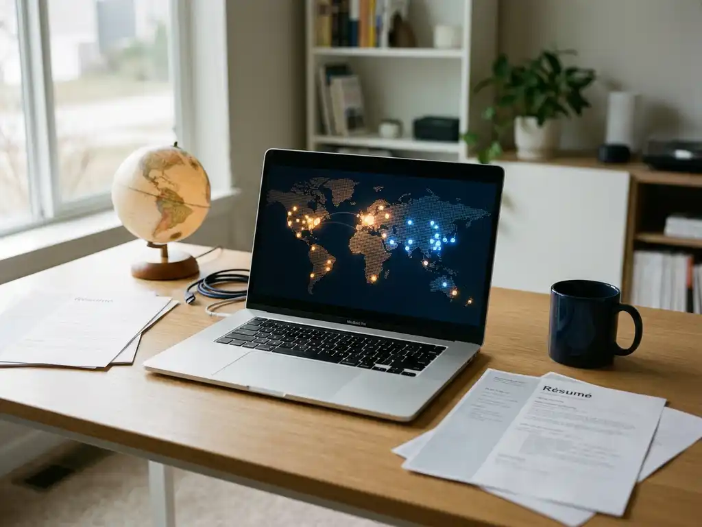 Laptop displaying a glowing world map with job location pins on a minimal desk beside scattered résumés and a small globe.